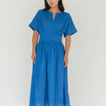 Seersucker Sleeved Maxi Dress in Electric Blue - Esse - XXS - 