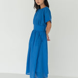 Seersucker Sleeved Maxi Dress in Electric Blue - Esse - XXS - 