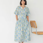 Sleeved Maxi Dress in Summer Florals - Esse - Pacific Blue - XXS - 