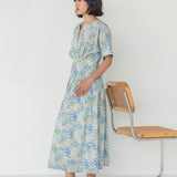 Sleeved Maxi Dress in Summer Florals - Esse - Pacific Blue - XXS - 