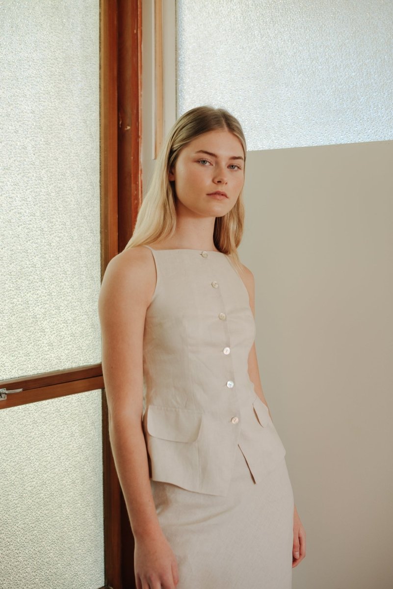 Tailored Waistcoat in Linen - Esse - Cereal - XXS - 