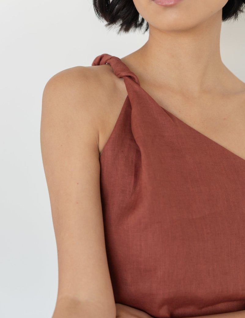 Twist and Turn Toga Top in Linen - Esse - Terracotta - XS - 