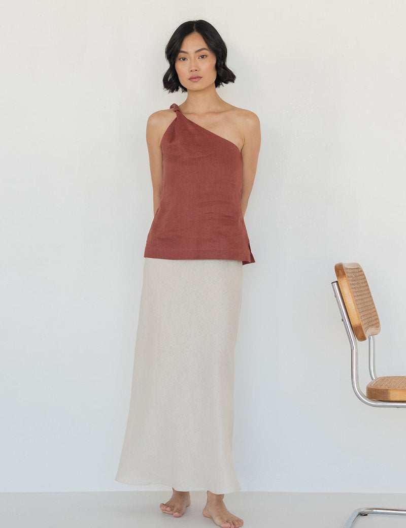 Twist and Turn Toga Top in Linen - Esse - Terracotta - XS - 