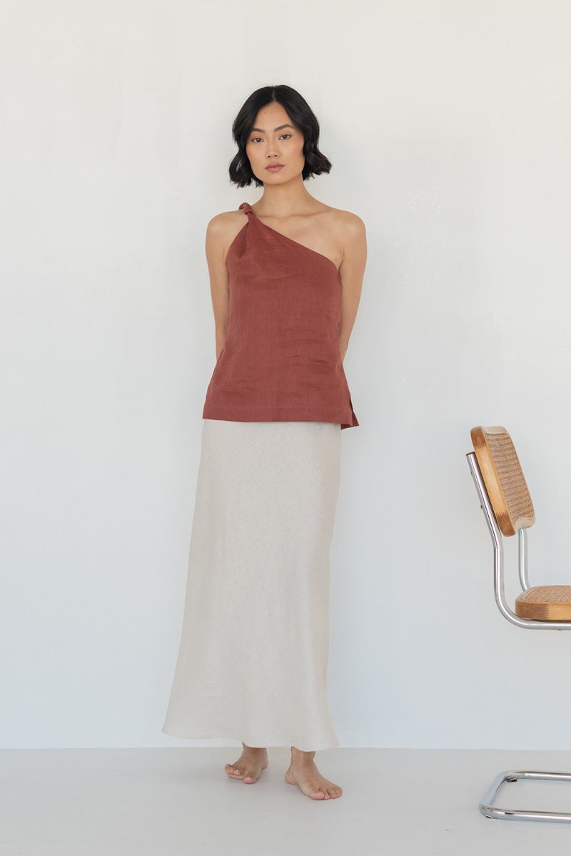 Twist and Turn Toga Top in Linen - Esse - Terracotta - XS - 