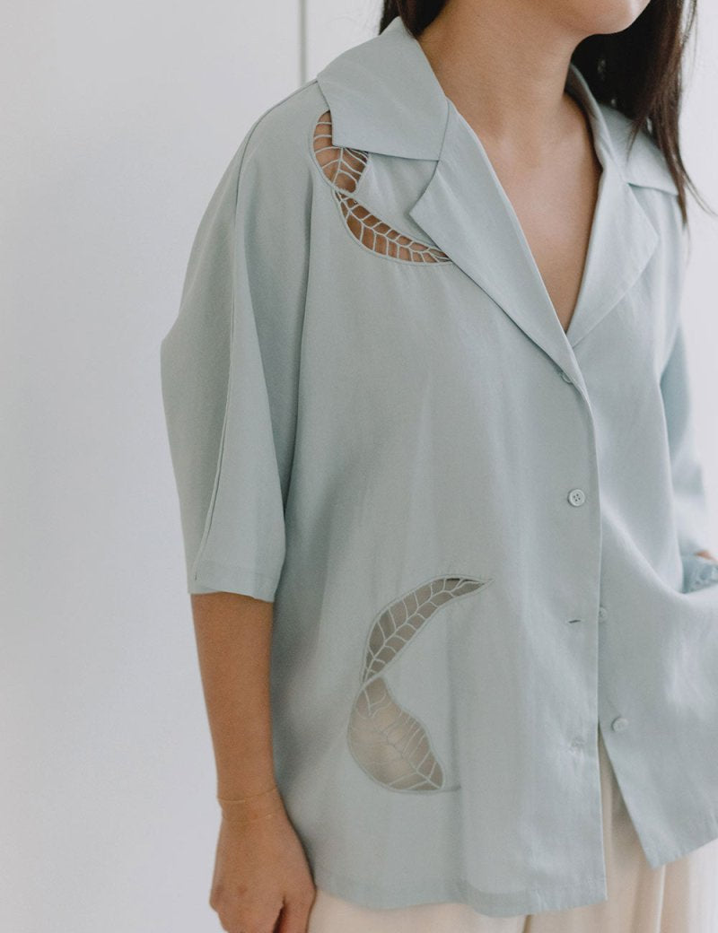Wide Lapel Shirt with Embroidery in Misty Blue - Esse-XS - 