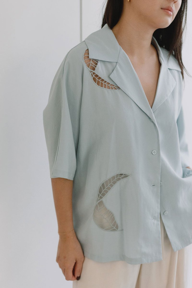 Wide Lapel Shirt with Embroidery in Misty Blue - Esse-XS - 