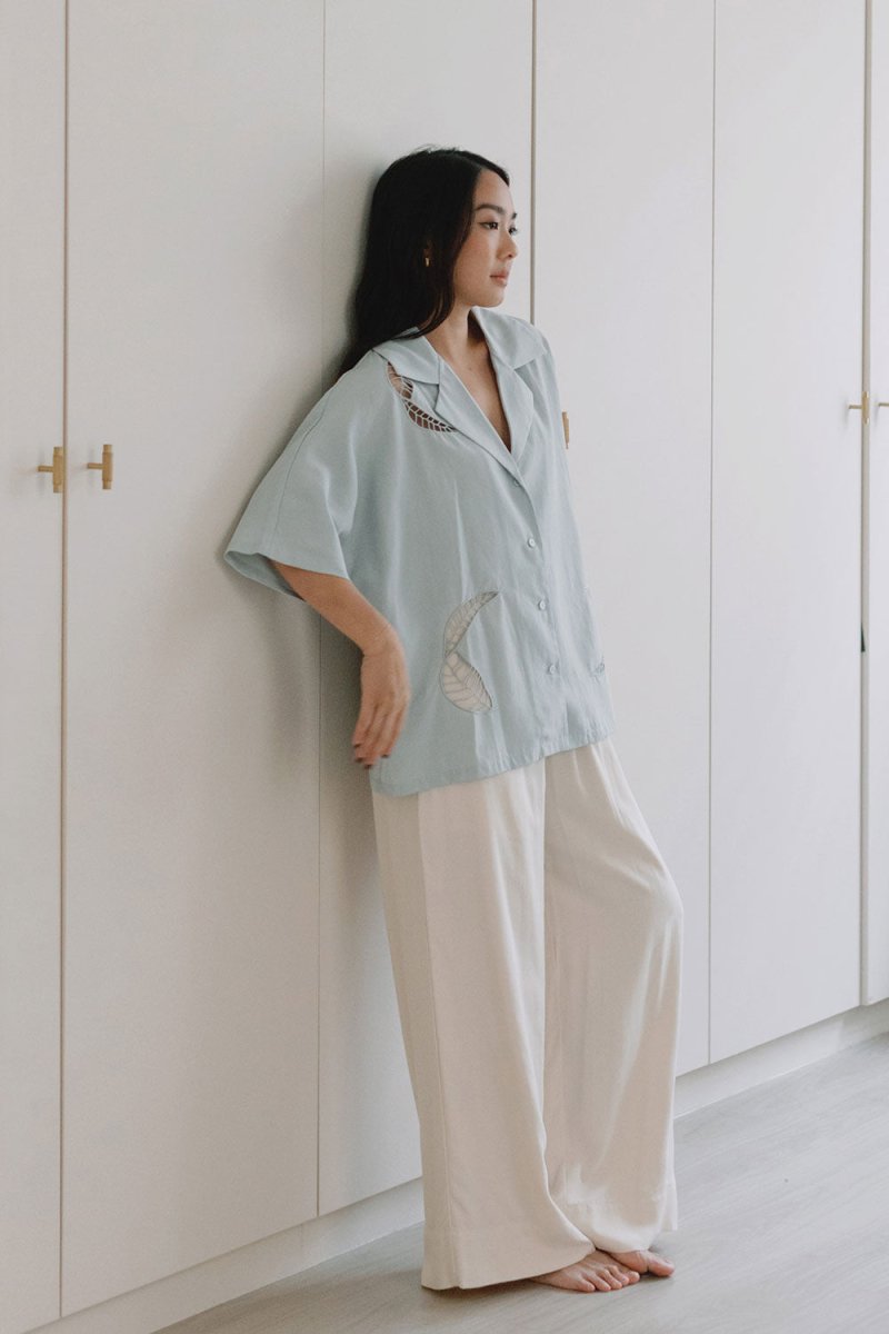 Wide Lapel Shirt with Embroidery in Misty Blue - Esse-XS - 