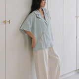 Wide Lapel Shirt with Embroidery in Misty Blue - Esse-XS - 