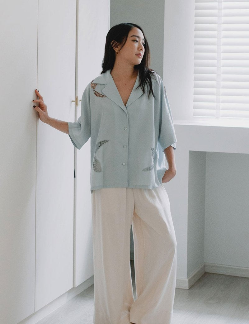 Wide Lapel Shirt with Embroidery in Misty Blue - Esse-XS - 