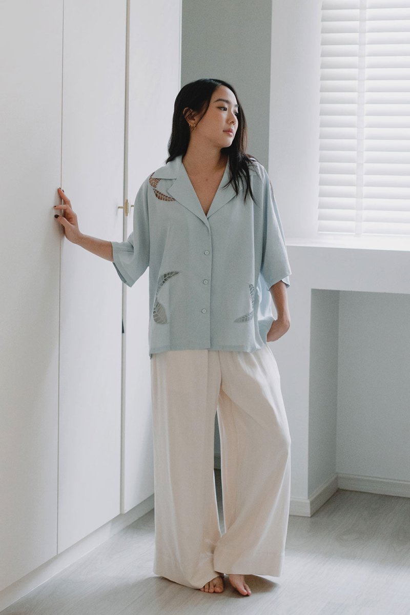 Wide Lapel Shirt with Embroidery in Misty Blue - Esse-XS - 