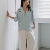 Wide Lapel Shirt with Embroidery in Misty Blue - Esse-XS - 