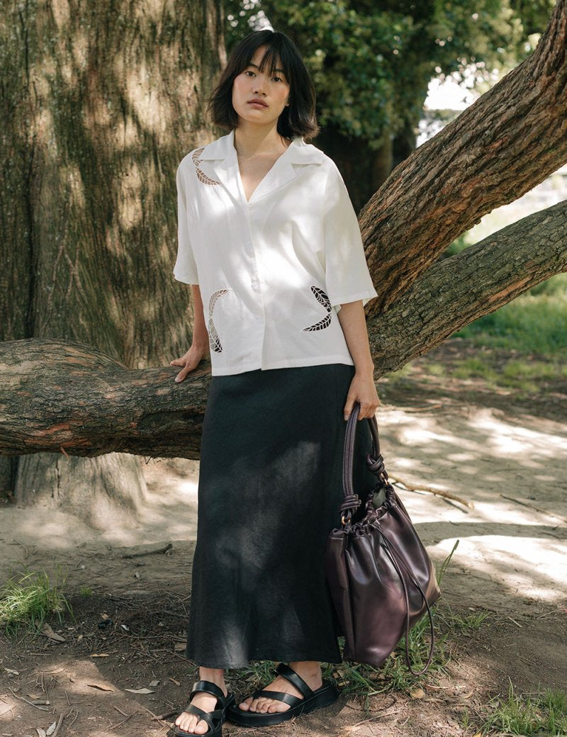 Wide Lapel Shirt with Embroidery in White - Esse - XS - White - 