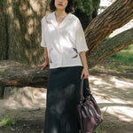 Wide Lapel Shirt with Embroidery in White - Esse - XS - White - 