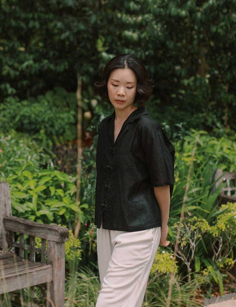 Wide Lapel Shirt with Knot Buttons in Black - Esse - XS - 