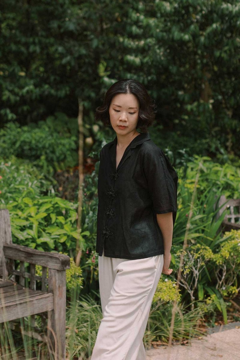 Wide Lapel Shirt with Knot Buttons in Black - Esse - XS - 