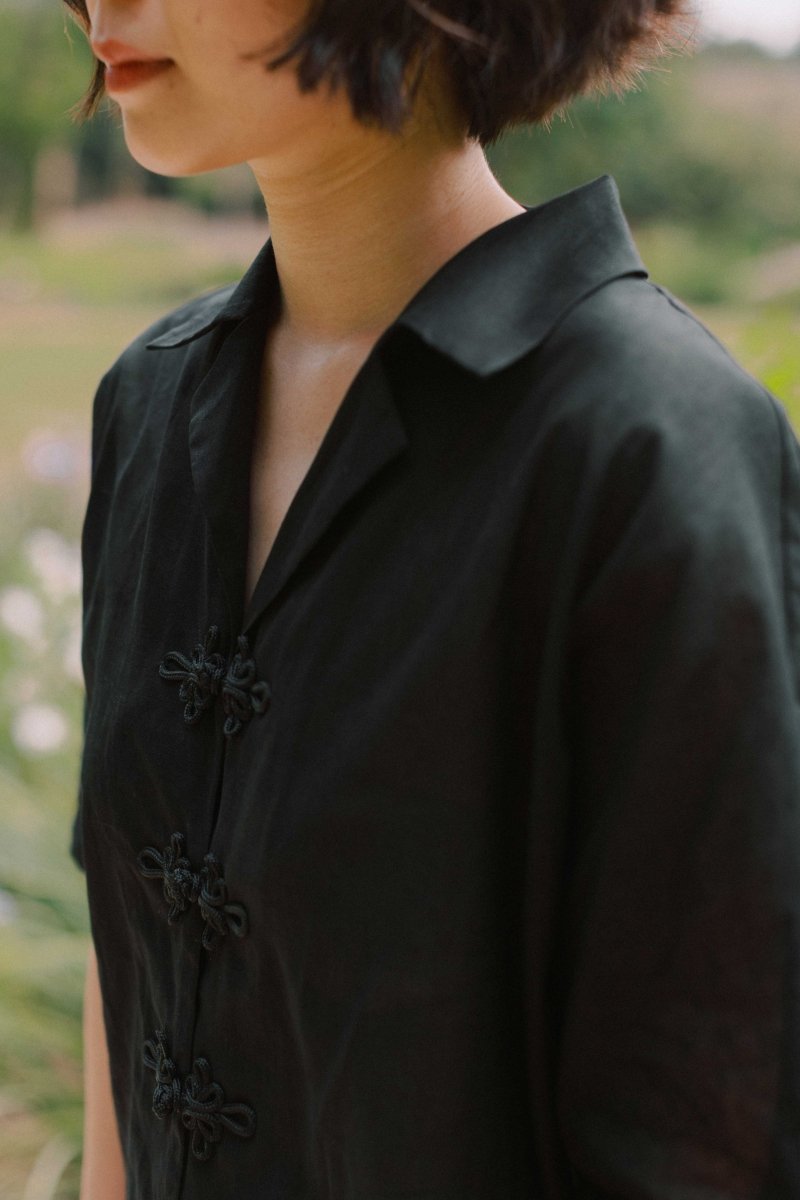 Wide Lapel Shirt with Knot Buttons in Black - Esse - XS - 