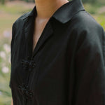 Wide Lapel Shirt with Knot Buttons in Black - Esse - XS - 