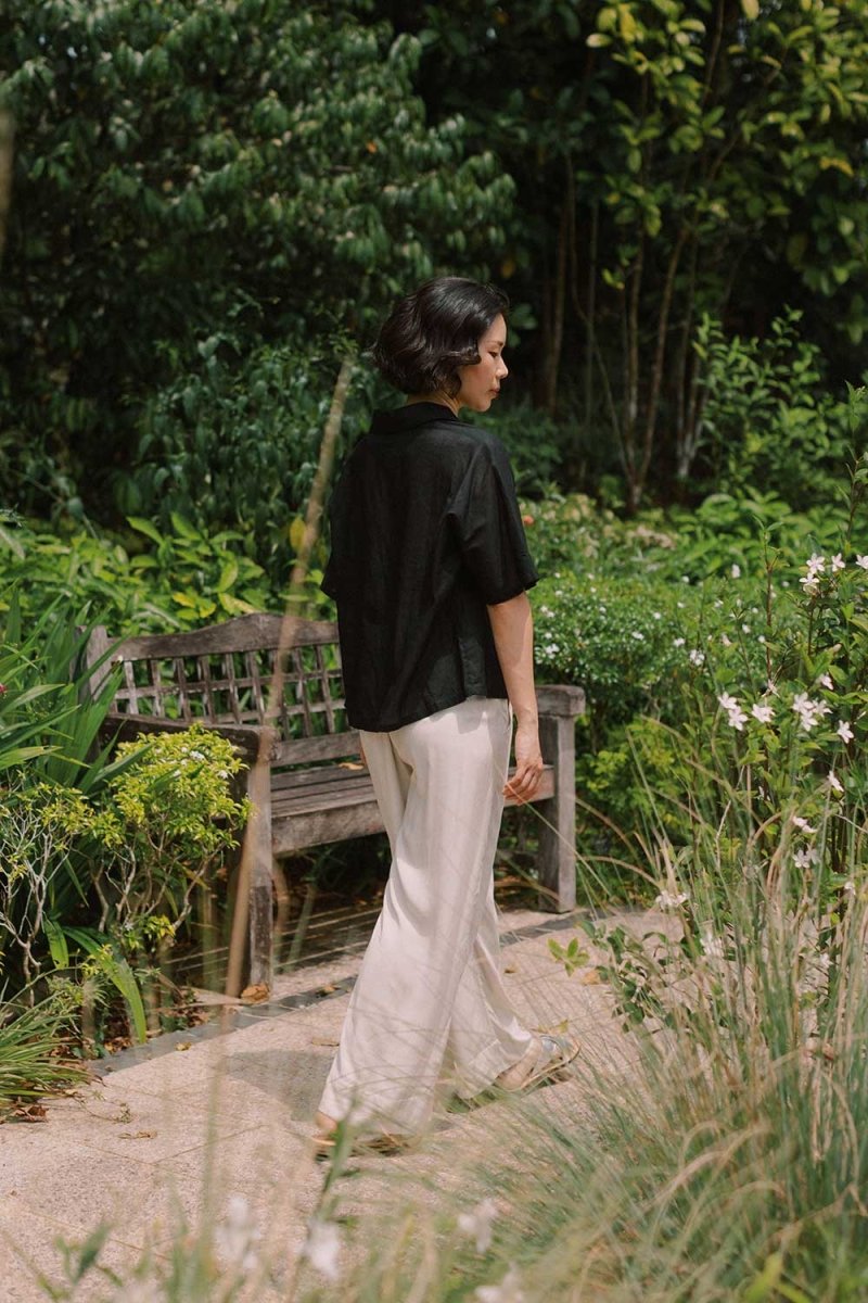 Wide Lapel Shirt with Knot Buttons in Black - Esse - XS - 