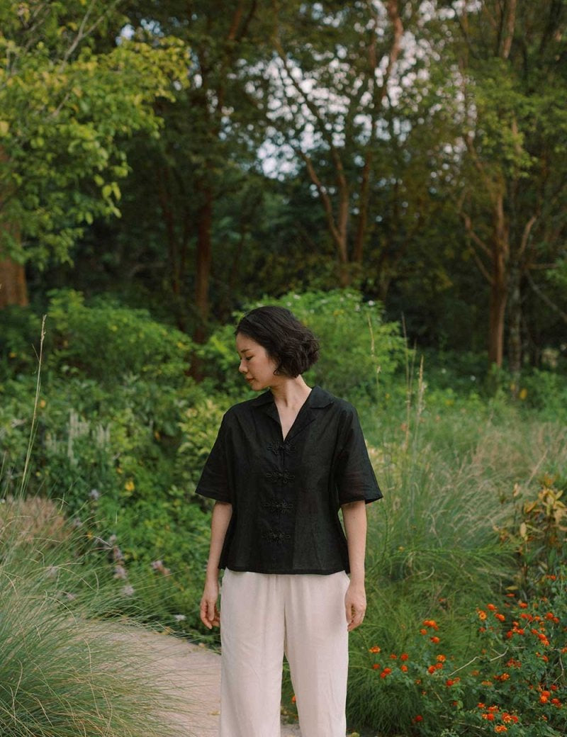 Wide Lapel Shirt with Knot Buttons in Black - Esse - XS - 