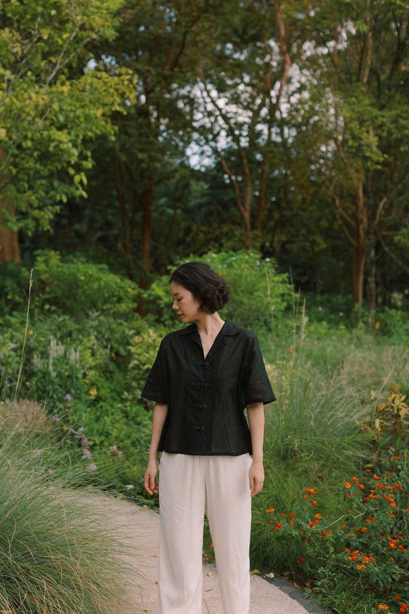 Wide Lapel Shirt with Knot Buttons in Black - Esse - XS - 