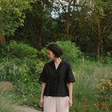 Wide Lapel Shirt with Knot Buttons in Black - Esse - XS - 