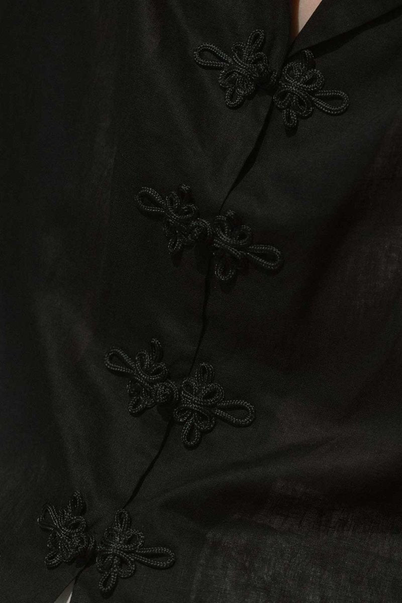 Wide Lapel Shirt with Knot Buttons in Black - Esse - XS - 