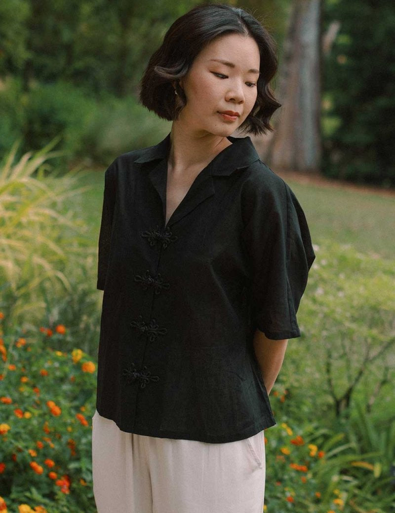 Wide Lapel Shirt with Knot Buttons in Black - Esse - XS - 