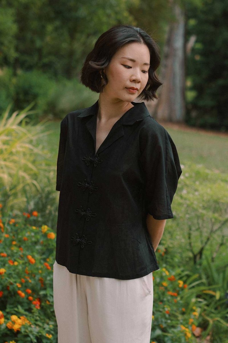 Wide Lapel Shirt with Knot Buttons in Black - Esse - XS - 