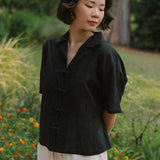 Wide Lapel Shirt with Knot Buttons in Black - Esse - XS - 