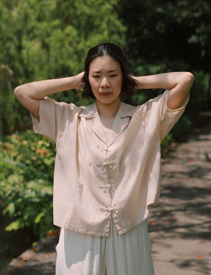 Wide Lapel Shirt with Knot Buttons in Warm Sand - Esse - XS - 