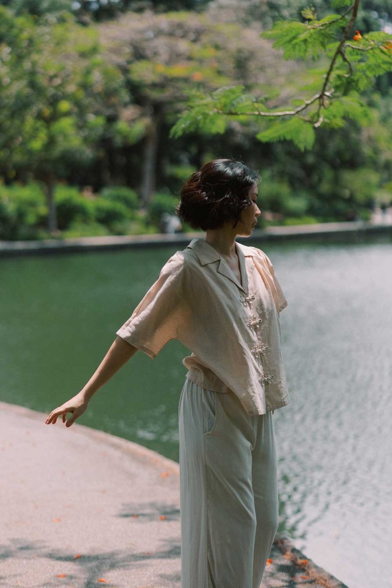 Wide Lapel Shirt with Knot Buttons in Warm Sand - Esse - XS - 