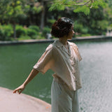 Wide Lapel Shirt with Knot Buttons in Warm Sand - Esse - XS - 