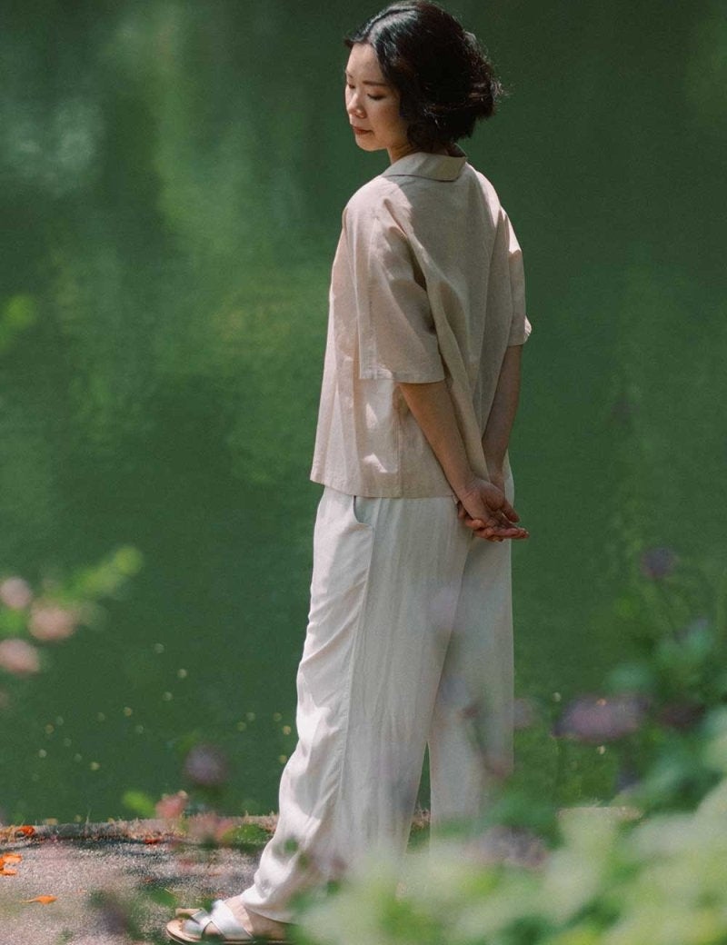 Wide Lapel Shirt with Knot Buttons in Warm Sand - Esse - XS - 