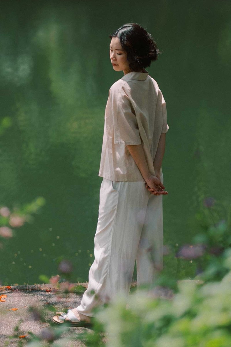 Wide Lapel Shirt with Knot Buttons in Warm Sand - Esse - XS - 