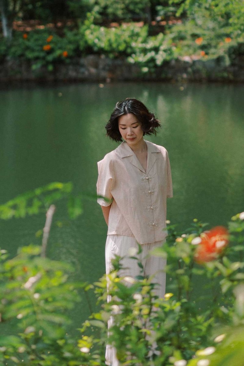 Wide Lapel Shirt with Knot Buttons in Warm Sand - Esse - XS - 