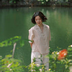 Wide Lapel Shirt with Knot Buttons in Warm Sand - Esse - XS - 