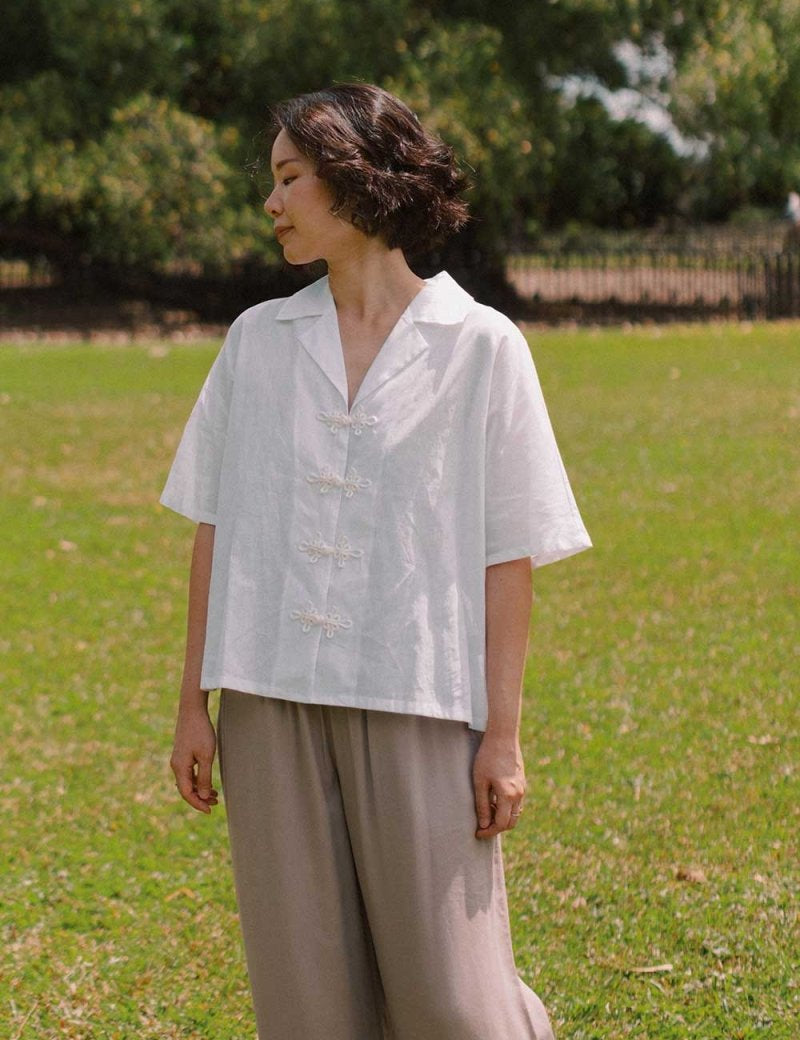 Wide Lapel Shirt with Knot Buttons in White - Esse - XS - 