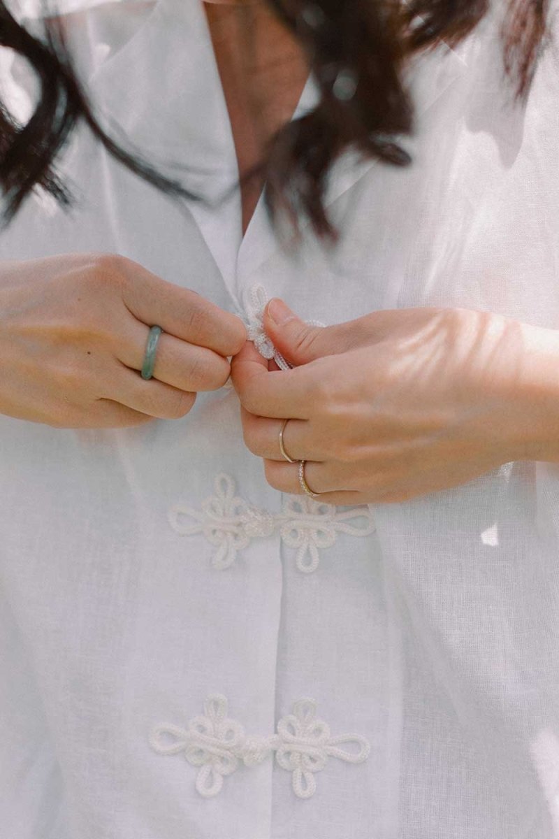 Wide Lapel Shirt with Knot Buttons in White - Esse - XS - 