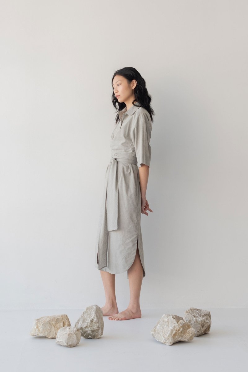 Faux Wrap Shirt Dress - Esse-Pebble-XXS (MTO)-None/ Option 1