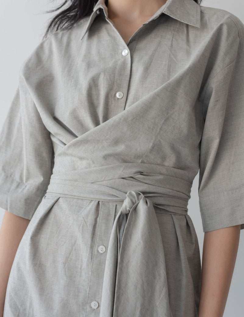 Faux Wrap Shirt Dress - Esse-Pebble-XXS (MTO)-None/ Option 1