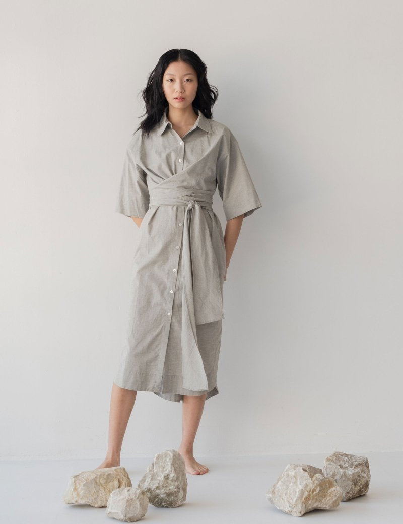 Faux Wrap Shirt Dress - Esse-Pebble-XXS (MTO)-None/ Option 1