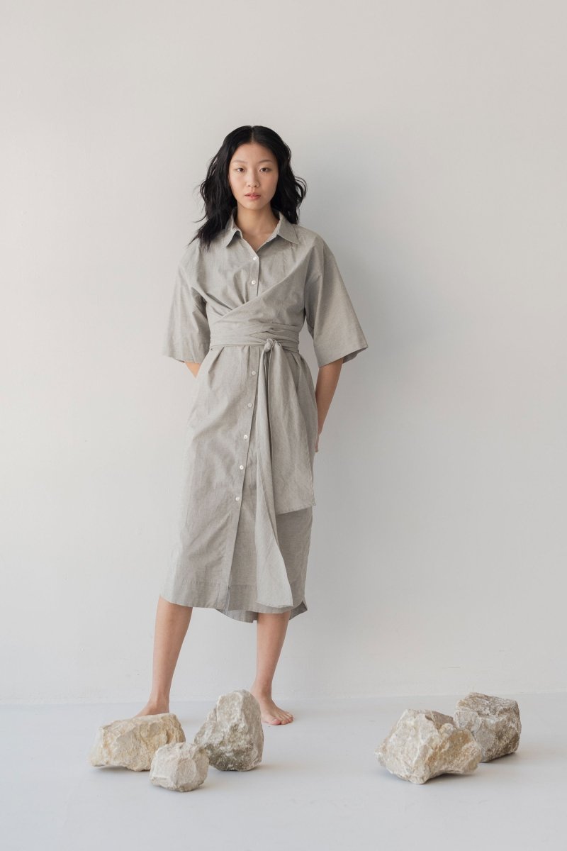Faux Wrap Shirt Dress - Esse-Pebble-XXS (MTO)-None/ Option 1