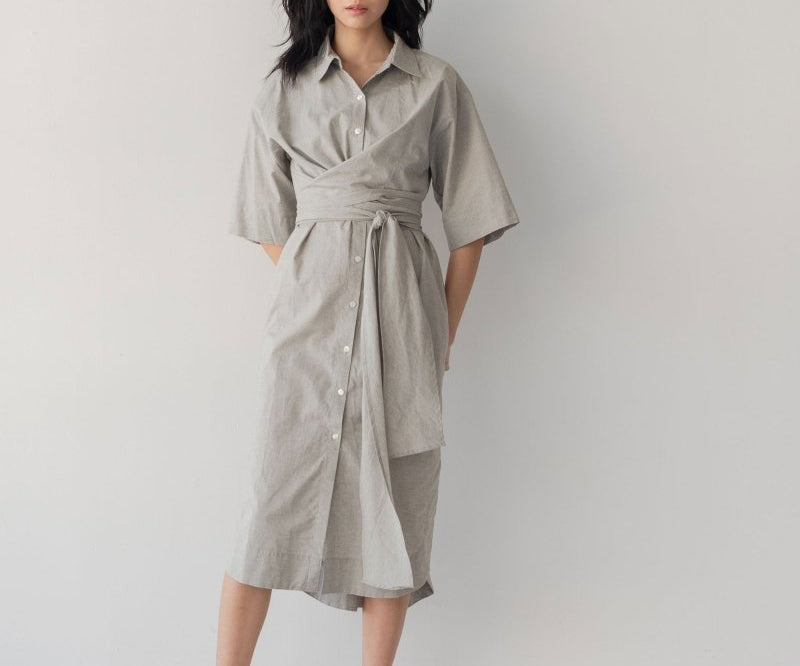 Faux Wrap Shirt Dress - Esse-Pebble-XXS (MTO)-None/ Option 1
