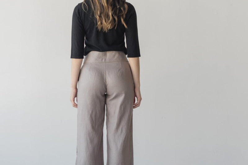 High-waist Linen Pants with Origami Belt - Esse-Mushroom-XXS-None/ Option 1