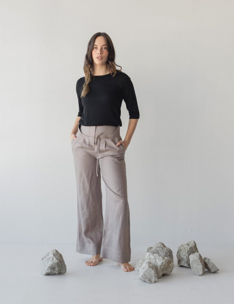 High-waist Linen Pants with Origami Belt - Esse-Mushroom-XXS-None/ Option 1