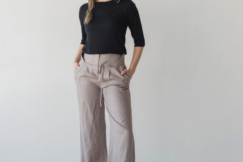 High-waist Linen Pants with Origami Belt - Esse-Mushroom-XXS-None/ Option 1