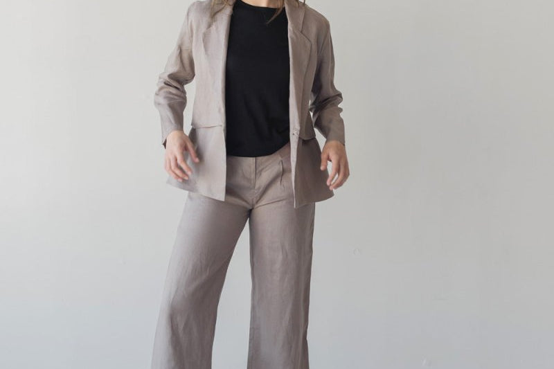 High-waist Linen Pants with Origami Belt - Esse-Mushroom-XXS-None/ Option 1