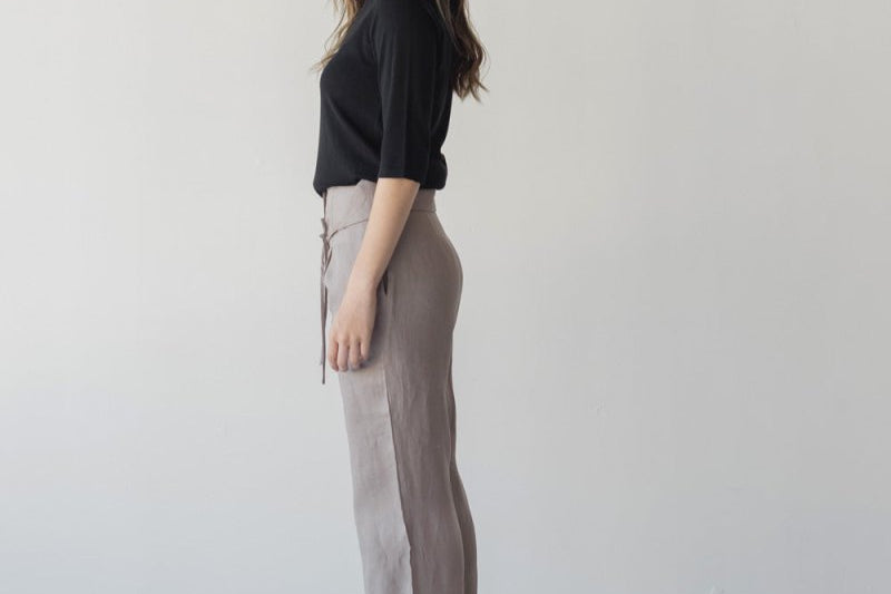 High-waist Linen Pants with Origami Belt - Esse-Mushroom-XXS-None/ Option 1