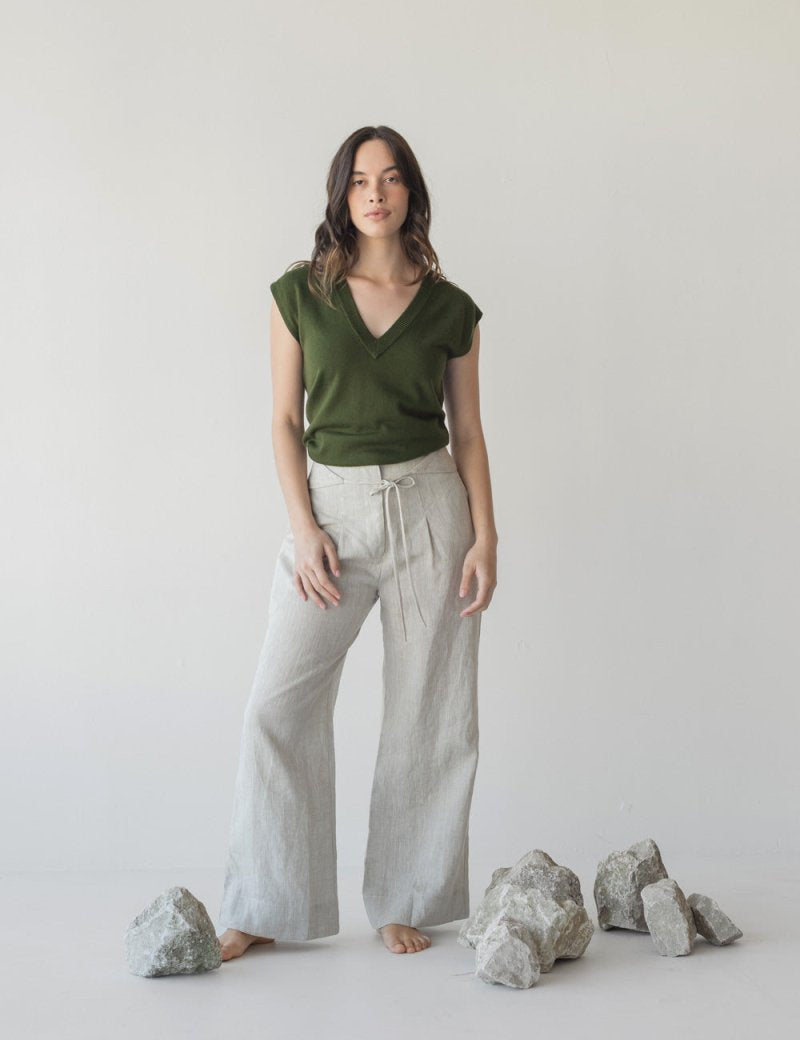 High-waist Linen Pants with Origami Belt - Esse-Vanilla Mist-XXS-None/ Option 1