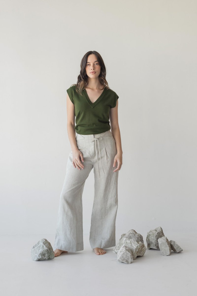 High-waist Linen Pants with Origami Belt - Esse-Vanilla Mist-XXS-None/ Option 1